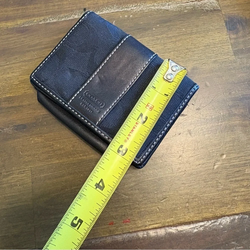 Coach Signature CC Wallet Black Canvas Fold Over Leather Card Holder Small